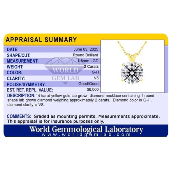 2 ct Lab‑Grown Diamond Solitaire Pendant in 14K Yellow Gold - Picture 4 of 8